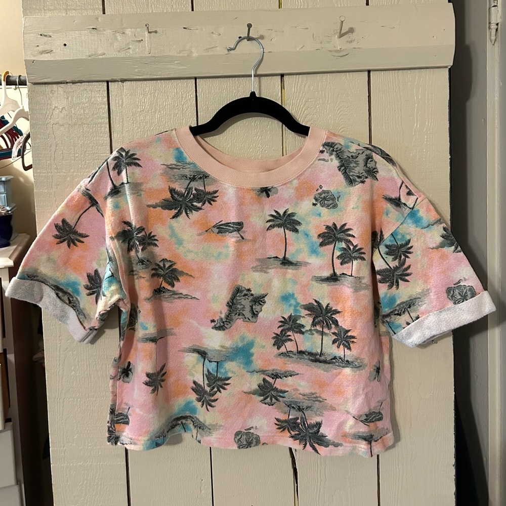 Old Navy Pink Multi Tropical Palm Short Sleeve Tee